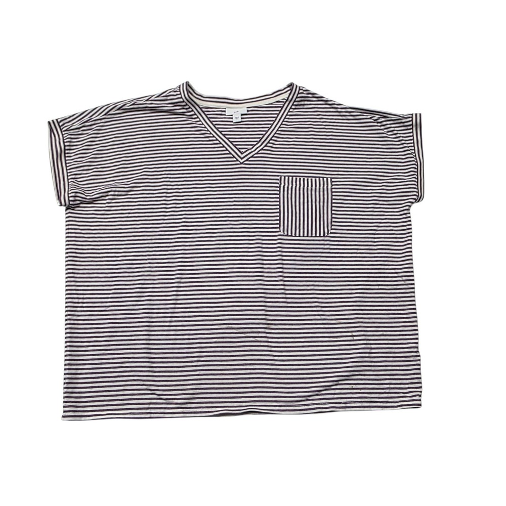 J. Jill Striped V-Neck Pocket Tee Womens Large Purple Cotton Tencel Blend